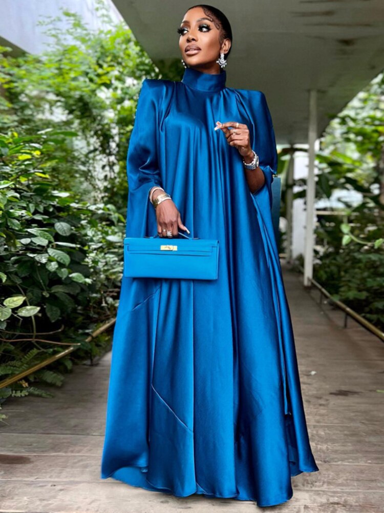 Women Oversized Dresses Mock Neck Batwing Sleeve Loose Large Sparkly Robes Vintage Blue Party Event Occasion Christmas Gowns