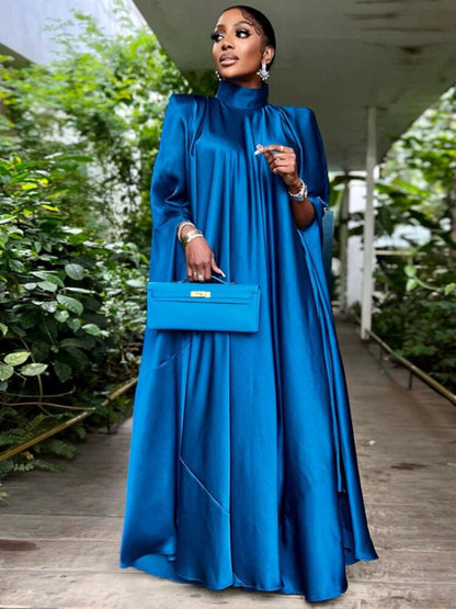 Women Oversized Dresses Mock Neck Batwing Sleeve Loose Large Sparkly Robes Vintage Blue Party Event Occasion Christmas Gowns