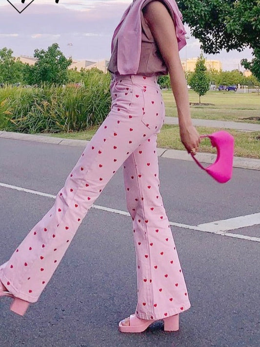 Sixsr  Fashion Trends Y2K Pink Pants Heart Printed Sweet Trousers Vintage Aesthetic Party Pants Pockets Joggers Festival Outfits Women New