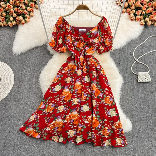 Sixsr  Summer Outfits Ladies French Retro V-neck Floral Women Dress Elegant Draped Flowers Short Puff Sleeves Slim Fairy Mid-calf A-line Dress