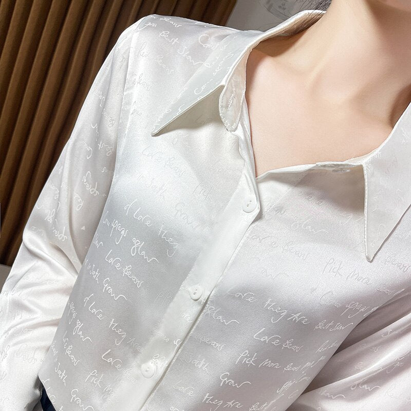 Spring And Summer New High-Eend Silk Letter Jacquard Shirt Women's Fashion Light Luxury Cardigan Top. Acetate Satin Finish