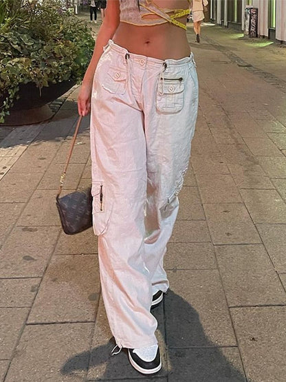 Sixsr  Women Spring Fashion Multi Pockets White Cargo Pants Women Adjustable Low Waist Baggy Wide Leg Jeans Oversized Casual Trousers Retro Bottoms Iamhotty