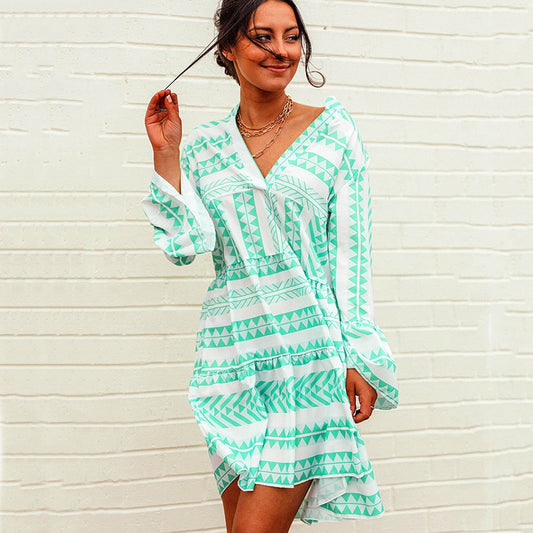 V neck Swing Women Daily Cotton Bell Sleeve Printed Tribal Summer Dress