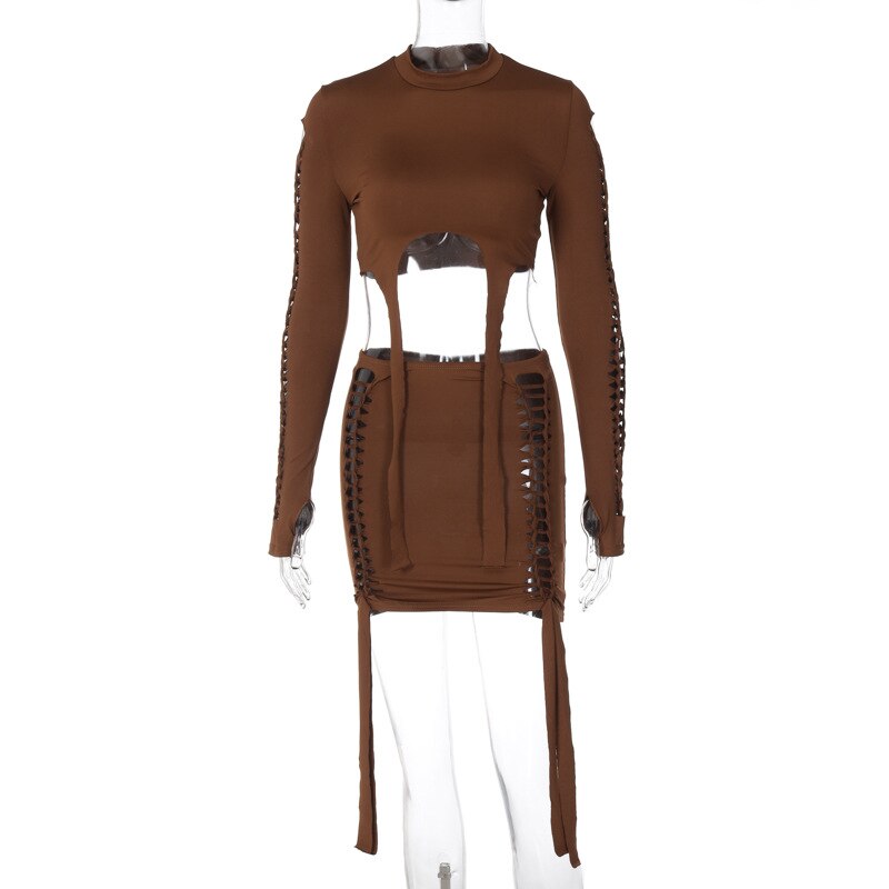 Best-Selling Women's Clothing  Autumn New Fashion Holes Long-Sleeved Shirt Slim Short Skirt Suit