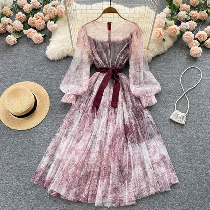 Elegant Women Mesh Dress Vintage Lantern Sleeves Printed Party Dresses Spring Summer Patchwork A Line Bandage Beach Dress