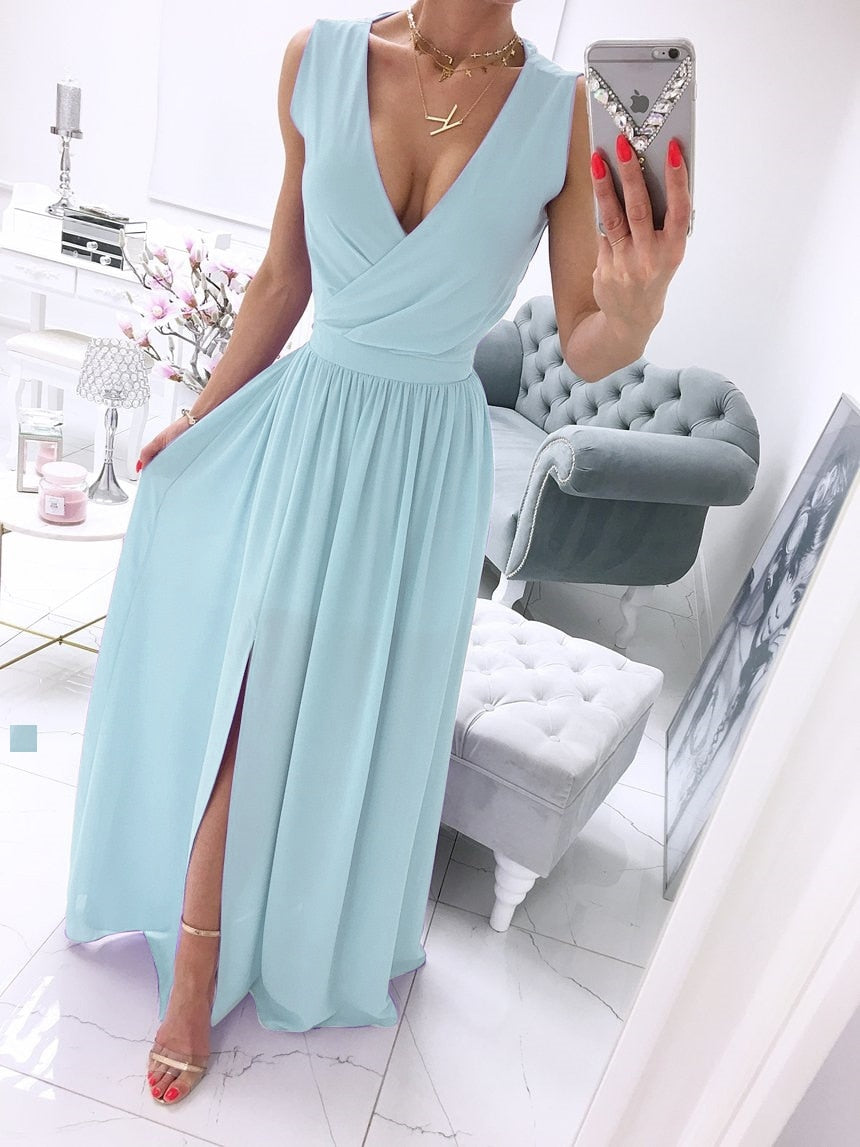 Sixsr Sexy Long Evening Dress Elegant Dress For Women V-neck Side Split Party Dresses Female Summer Fashion Casual Club Ladies Clothes