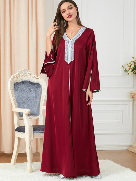 Morocco Party Dress Muslim Women Abaya Prayer Caftan V Neck Diamond Maxi Dresses Robe India Abayas Dubai Longue Vestidos Largos