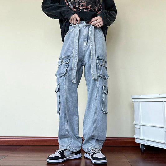Sixsr New Men Cargo Jeans Wide Leg Pants Multiple Pockets Baggy Denim Trousers Hip Hop Streetwear Skateboard Neutral Male Clothes