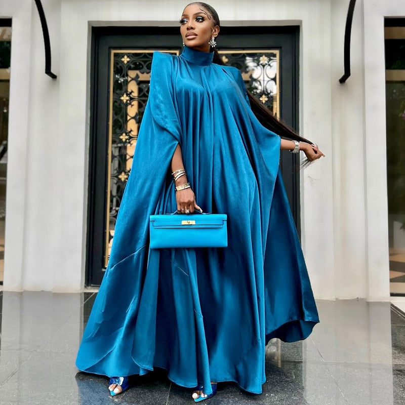 Women Oversized Dresses Mock Neck Batwing Sleeve Loose Large Sparkly Robes Vintage Blue Party Event Occasion Christmas Gowns