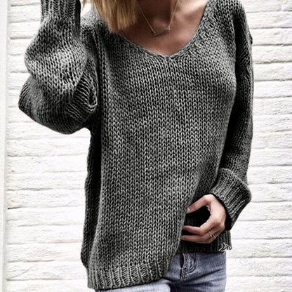 Casual Women Loose Solid Color Knitted Sweater V Neck Long Sleeve Top Women Clothing Pull Femme