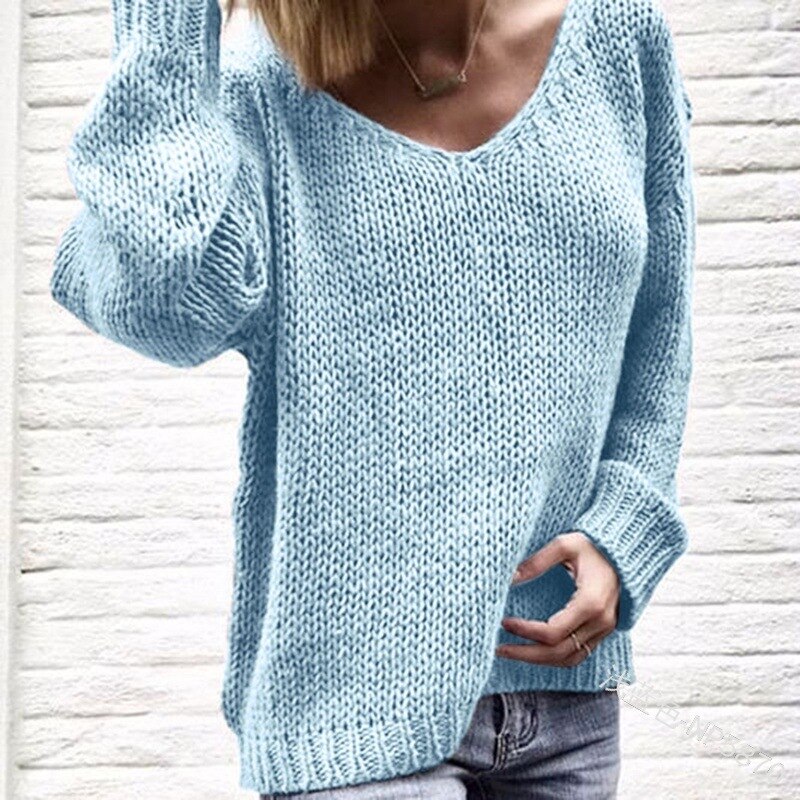 Casual Women Loose Solid Color Knitted Sweater V Neck Long Sleeve Top Women Clothing Pull Femme