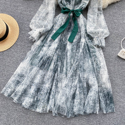 Elegant Women Mesh Dress Vintage Lantern Sleeves Printed Party Dresses Spring Summer Patchwork A Line Bandage Beach Dress