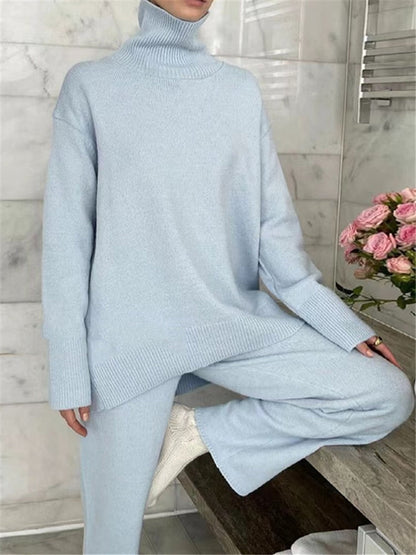 Autumn Winter 2 Pieces Women Sets Knitted Tracksuit Turtleneck Sweater and Wide Leg Jogging Pants Pullover Suit New