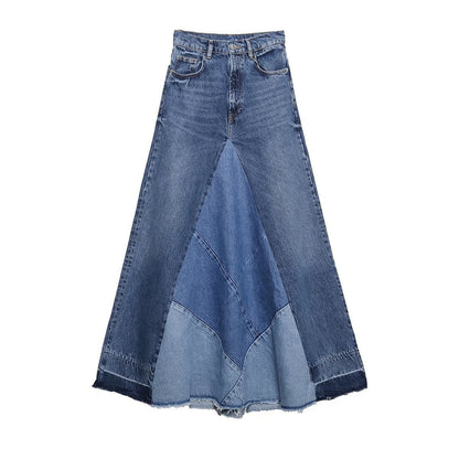 Women  Fashion Denim Blue Skirts Highstreet Patchwork High Waist Midi Skirts A-Line Design Female Bottoms