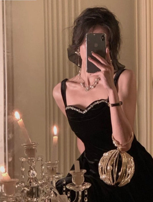 Summer New Elegant Spaghetti Strap Velvet Vintage Black Dress Women Sexy Prom Evening Party Fashion Clothing