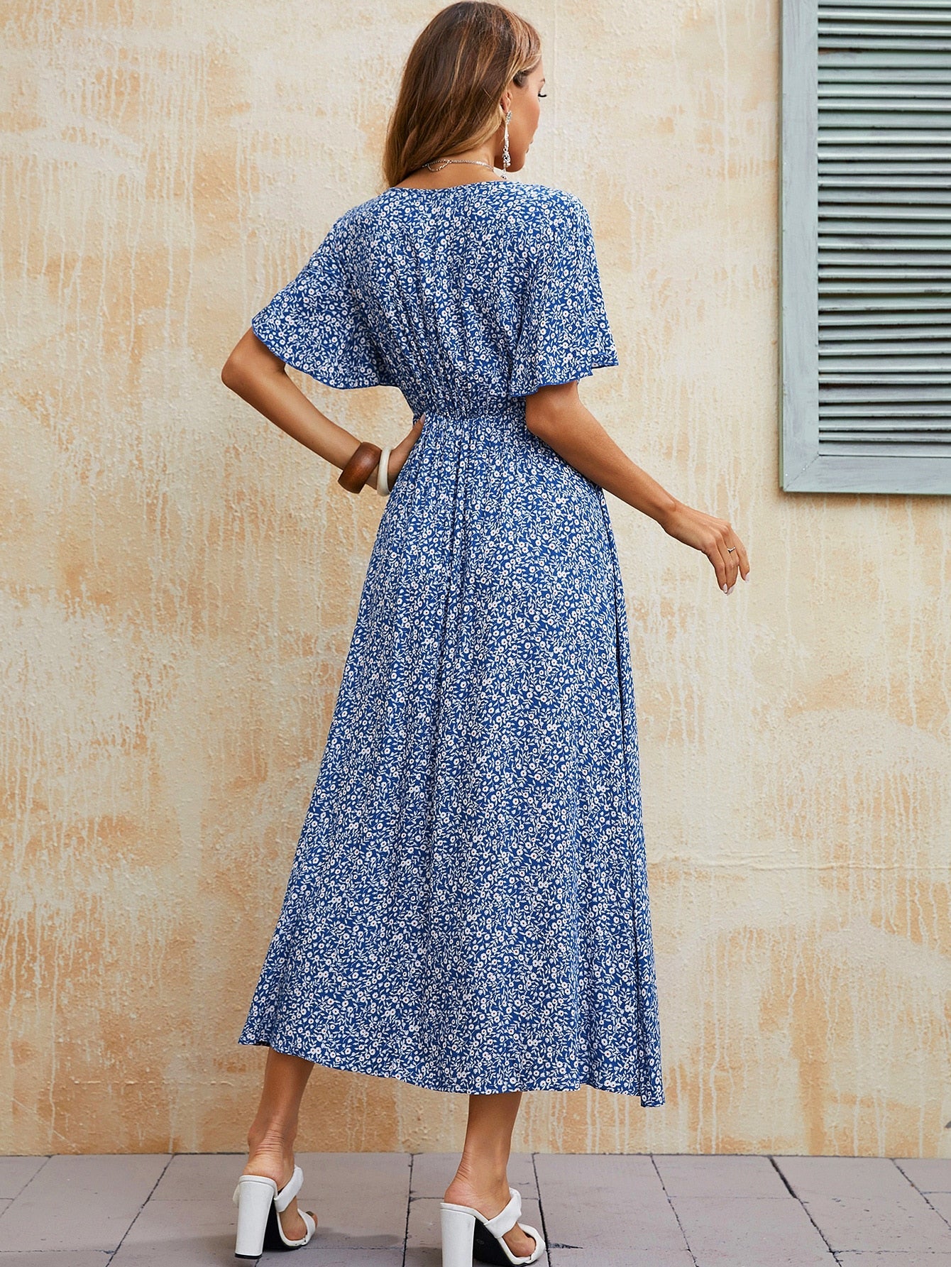 Ladies Vintage Boho Print Summer Dress Women Casual Blue Elastic Waist Bohemian Beach Sundress Women Dress Robe Vestidos Female