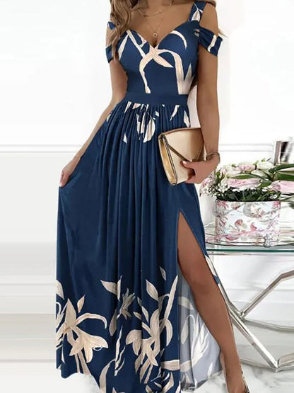 Female Short Butterfly Sleeve Split Fork Party Dress Solid Slim V Neck High Waist Dress Women Casual Summer Maxi Dress Vestidos