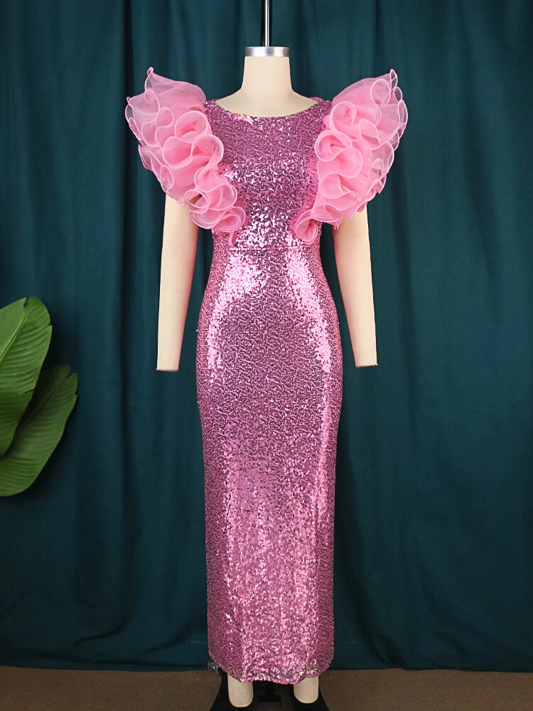 Women Pink Sequin Dress Puff Ruffle Sleeve Bodycon Sparkly Dress Elegant Party Club Birthday Wedding Night Robe Big Size 3XL 4XL