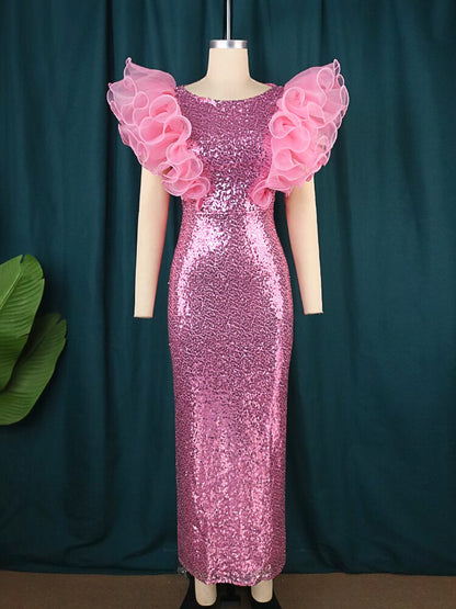 Women Pink Sequin Dress Puff Ruffle Sleeve Bodycon Sparkly Dress Elegant Party Club Birthday Wedding Night Robe Big Size 3XL 4XL