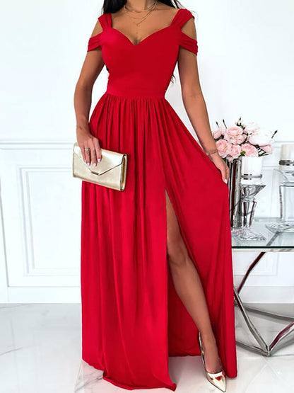 Female Short Butterfly Sleeve Split Fork Party Dress Solid Slim V Neck High Waist Dress Women Casual Summer Maxi Dress Vestidos