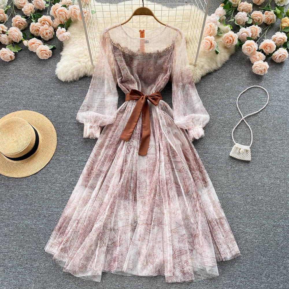 Elegant Women Mesh Dress Vintage Lantern Sleeves Printed Party Dresses Spring Summer Patchwork A Line Bandage Beach Dress