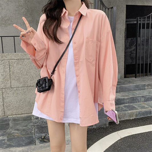 Prink Shirt for Women  New Long Sleeve Turn Down Collar Oversized Blouses Office Ladies Korean Fashion Casual Top