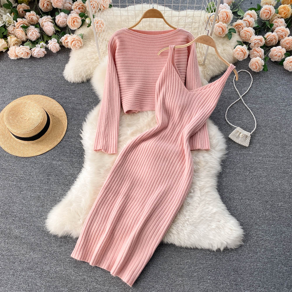 sixsr  Women Elegant Slim Two Piece Sets Female Sweater Dress Autumn Winter High Waist Knitted Ensemble Femme Medium Long Party Dresses