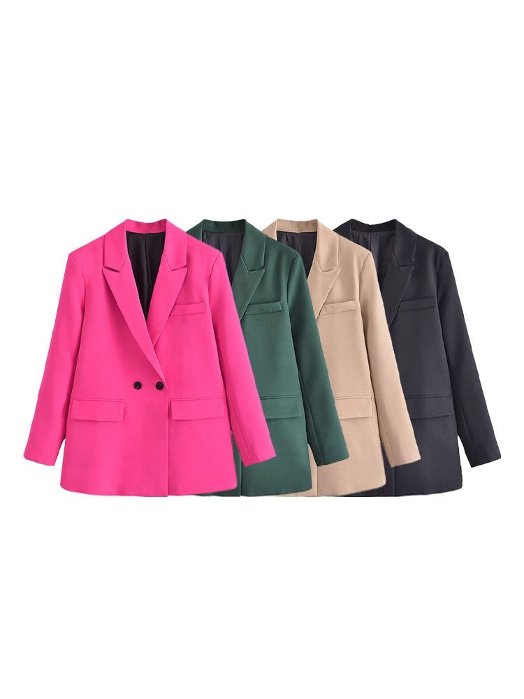 Women Fashion Solid Double Breasted Blazers Female Elegant Long Sleeves Loose Jacket Coats Office Ladies Outerwear Top