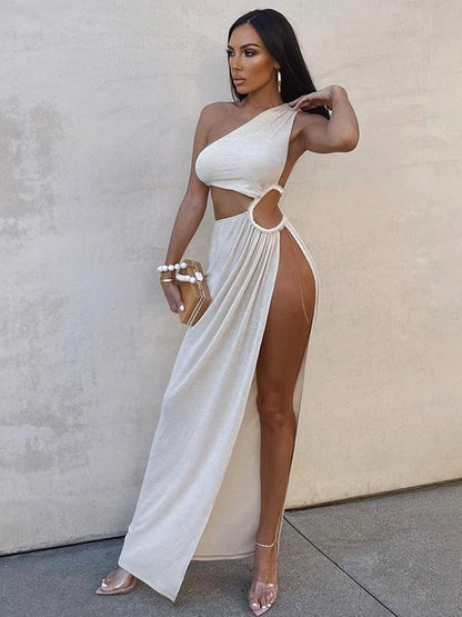 Sixsr Fashion White Elegant Maxi Dress Summer Women Sexy One Shoulder Split Long Dress Female Fashion Cut Out Club Party Dress Beachwear