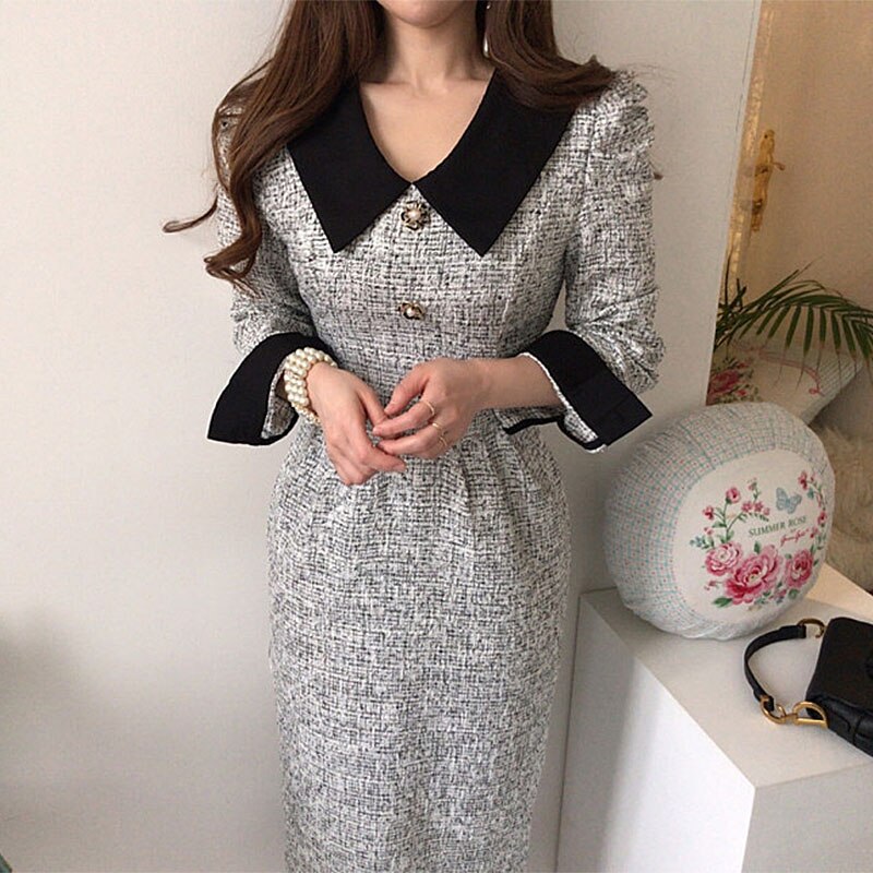 Sixsr  Women Long Tweed Dress Autumn Retro Temperament Contrast Color Lapel Pleated Lace Waist Thinner Thicker Dresses Female