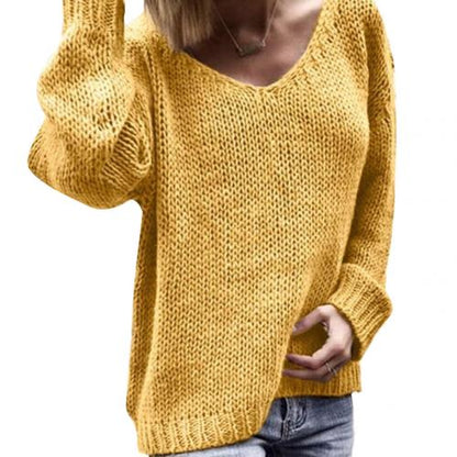 Casual Women Loose Solid Color Knitted Sweater V Neck Long Sleeve Top Women Clothing Pull Femme