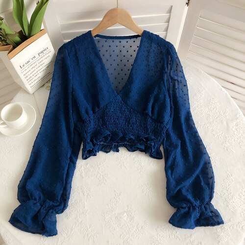 Sixsr  Women Fashion Spring Women Sweet Spot Blouse Ladies Fashion Chiffon Pullover Shirt V-neck Slim Long Puff Sleeve Folds Tunic Short Top