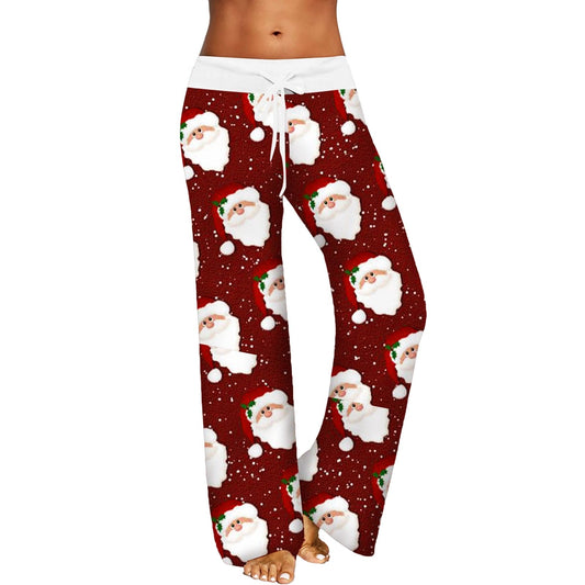 Womens Christmas Pants Cartoon Santa Claus Print Pants Wide Leg Pants Pull Rope Elastic Drawstrings Sweatpants Straight Trousers