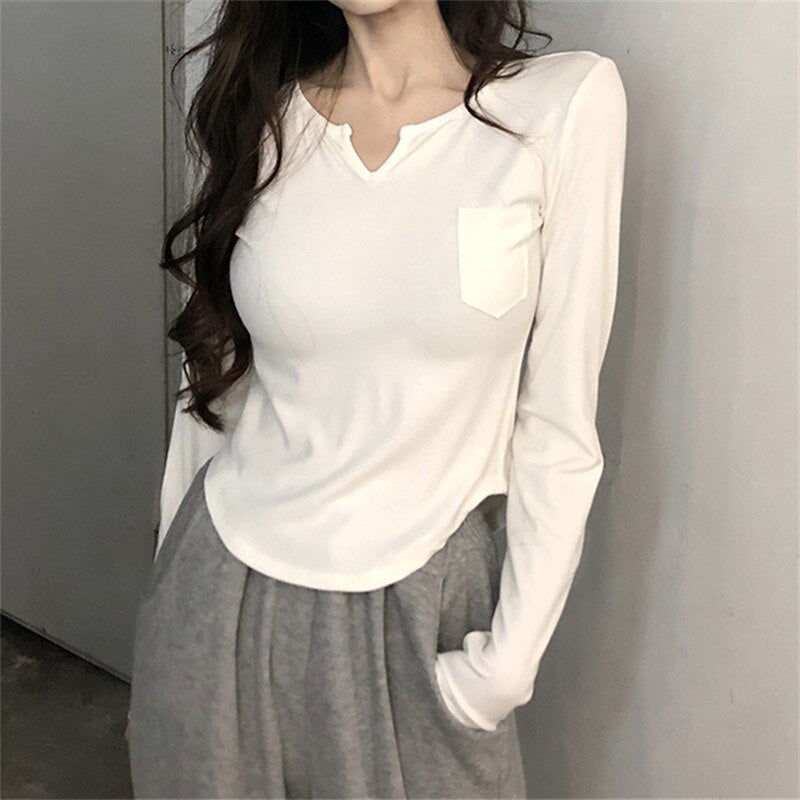 White T Shirt for Women  New Long Sleeve Turn Down Collar Slim Tee Shirts Korean Fashion Office Ladies Casual Top