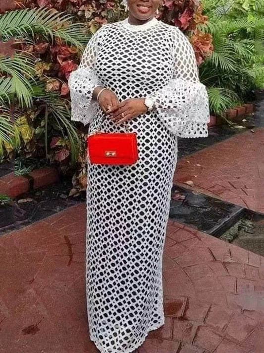 Women White Long Dresses Lace Hollow Out High Neck Bell Sleeve Straight Maxi Kaftan Dress One Size Robe Party Evening Clothes