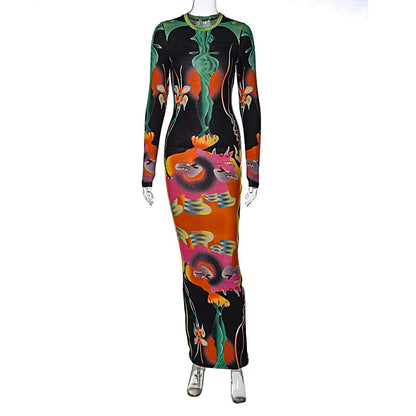 Print Long Sleeves Graphic Patchwork Sexy Slim Maxi Prom Dress Fall Women New Casual Streetwear Party Y2K Clothes