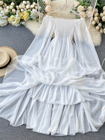 Womens Fashion New Spring Autumn Women Elegant Holiday Dresses Puff Sleeve Slash Neck Off Shoulder Smocked White Chiffon Dresses