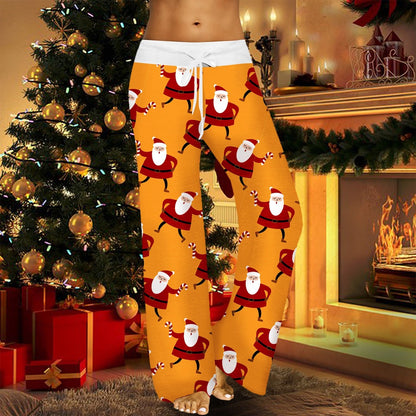 Womens Christmas Pants Cartoon Santa Claus Print Pants Wide Leg Pants Pull Rope Elastic Drawstrings Sweatpants Straight Trousers