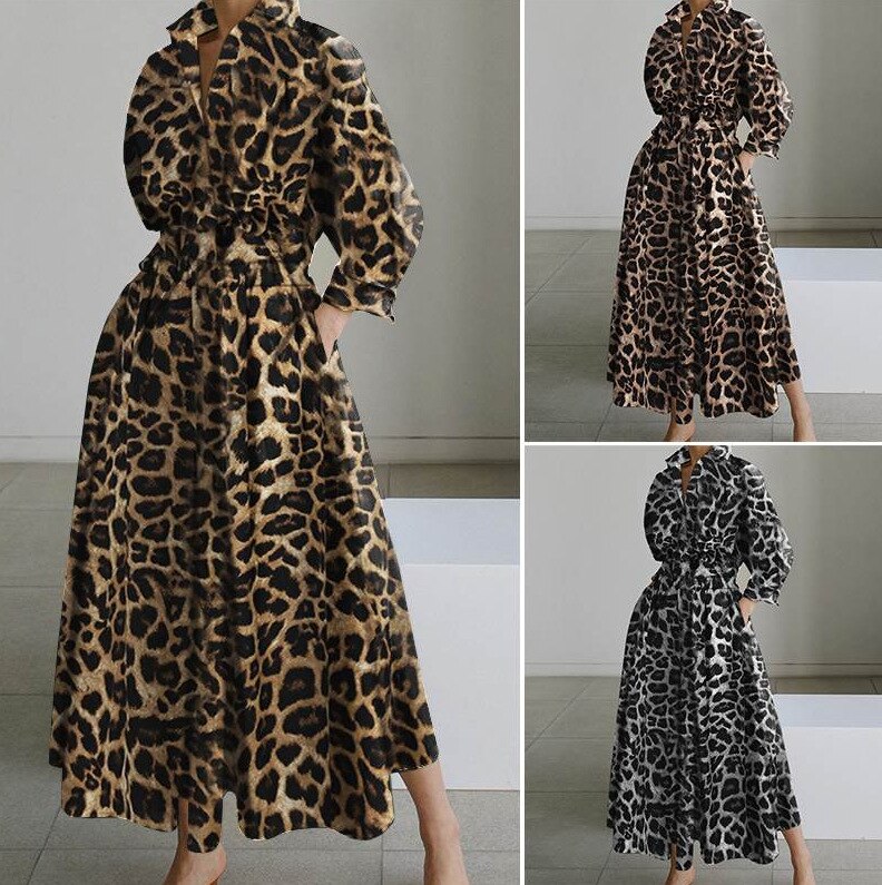 Elegant Women Spring Autumn Sundress Fashion Lapel Neck Long Sleeve Solid Long Shirt Dress OL Vestidos Robe Femme 5XL Long Dress