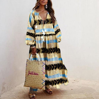 V-neck Long Sleeve Print Long Loose Dress