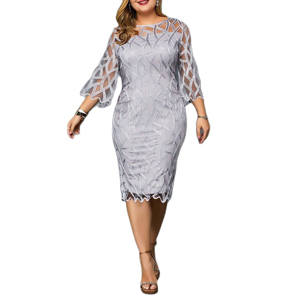 sixsr Summer Women Lace Slim Patchwork Party Dress Office Ladies Round Neck Flare Sleeve Stretch Bodycon  Plus Size Dresses