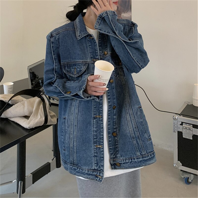 Vintage Jeans Jacket for Women  New Korean Fashion Long Sleeve Turn Down Collar Coats Chic Casual Oversized Jackets