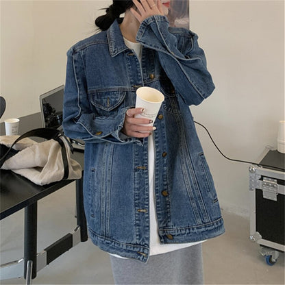 Vintage Jeans Jacket for Women  New Korean Fashion Long Sleeve Turn Down Collar Coats Chic Casual Oversized Jackets