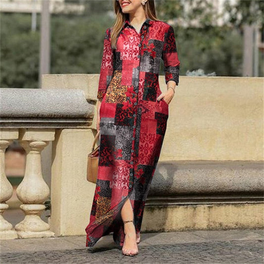 sixsr Fall Outfits Autumn Vintage Floral Printed Cotton Dress Women Casual Lapel Collar Button Up Dresses Bohemian Vestidos Long Robe