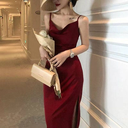 New French Vintage Women Elegant Party Dresses  Summer Red Silk Mid Length Spaghetti Straps Long Satin Dress