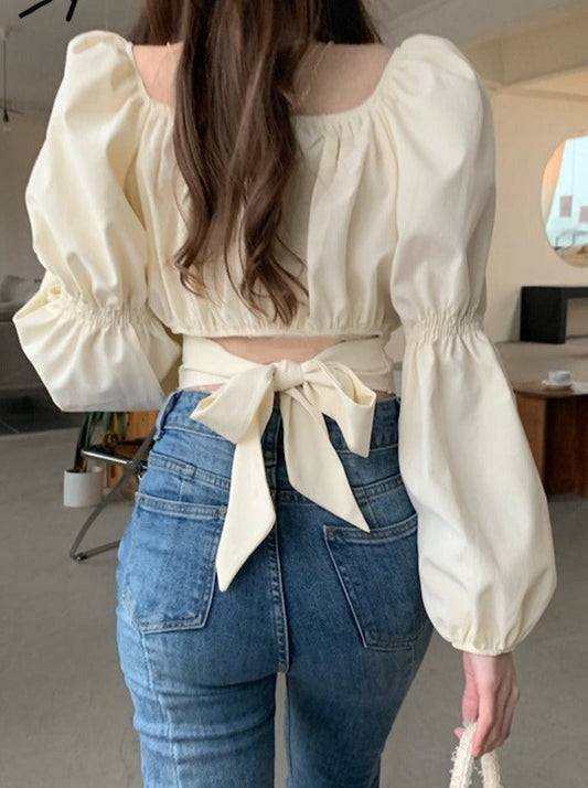 Elegant Blouse Women Spring Summer  New French Style Square Collar Puff Sleeve Chic Shirts Ladies Casual Crop Top