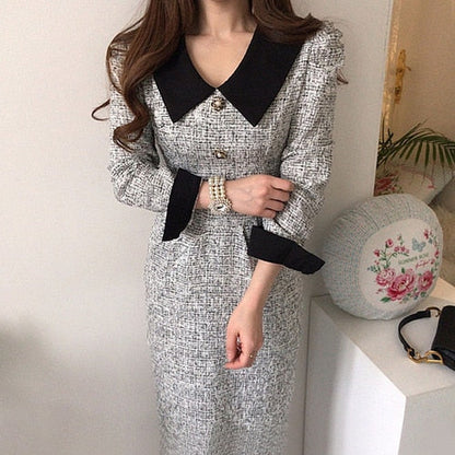 Sixsr  Women Long Tweed Dress Autumn Retro Temperament Contrast Color Lapel Pleated Lace Waist Thinner Thicker Dresses Female