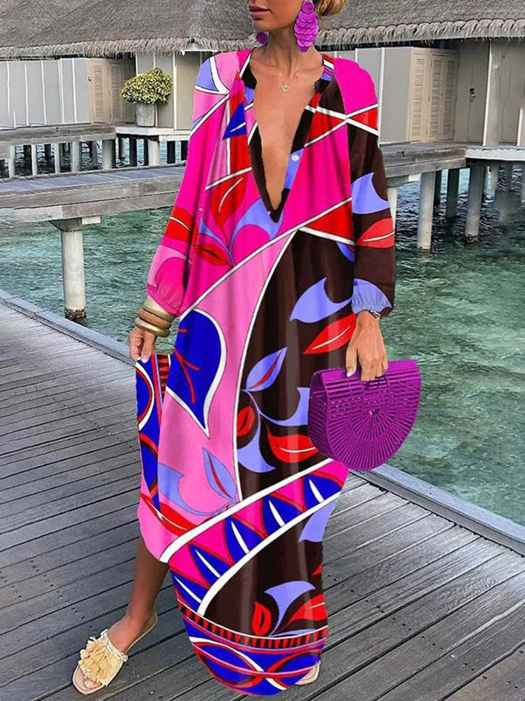 V-neck Casual Loose Floral Print Long Sleeve Maxi Dress