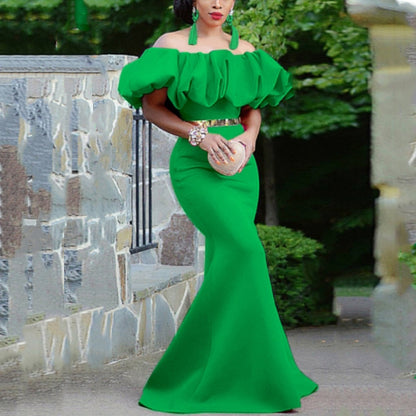 Women Long Party Dresses Mermaid Slim Christmas Bare Shoulder Puffy Bright Green Big Size Wedding Evening Occasions Gowns Robes