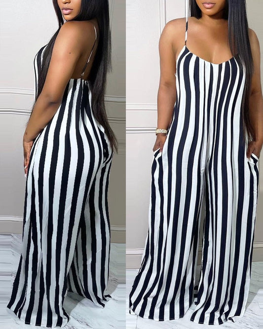 Women's striped printed spaghetti straps wide leg pockets jumpsuit women's sleeveless spring/summer high waisted loose pants jum